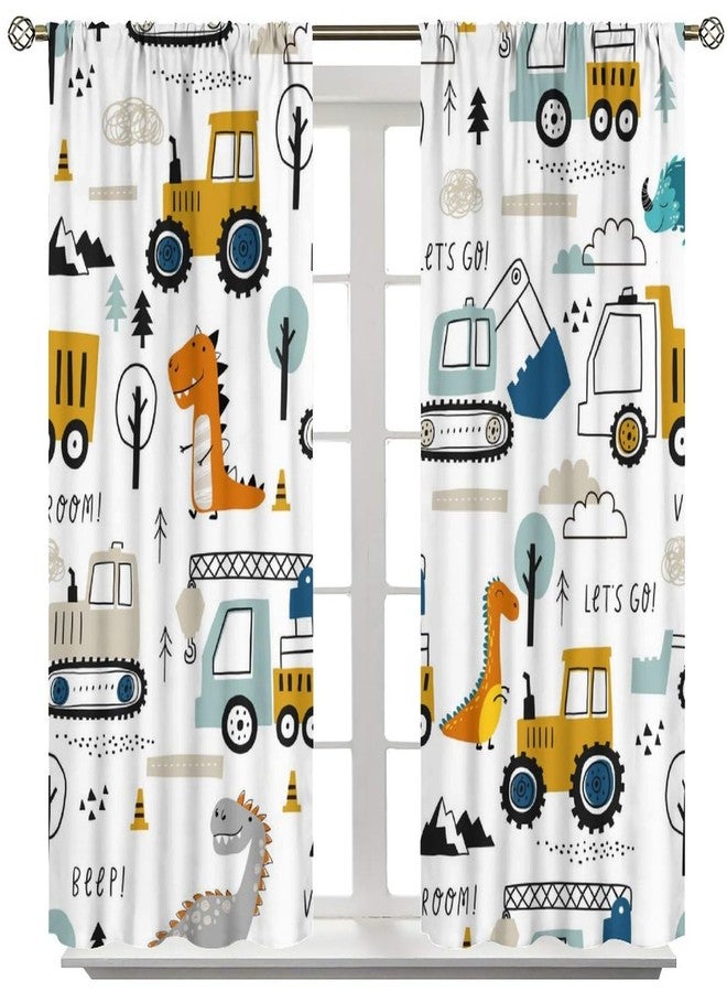 AAVEUP Kids Dinosaur Truck Curtains, Cartoon White Engineering Construction Truck Tractor Excavator Window Treatments Drapes for Boys Nursery Childcare Bedroom Bathroom 42x45in（No Blackout） - Image 2